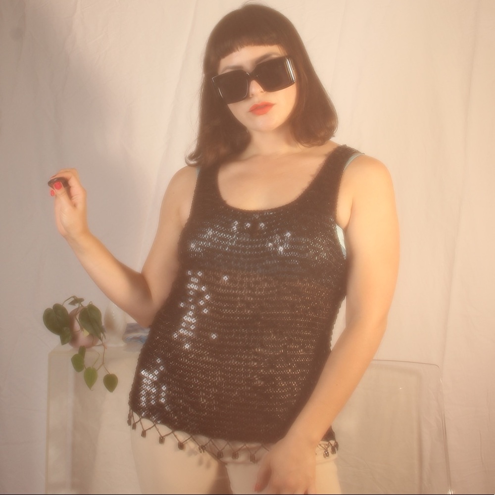 Vintage Black Beaded Sequin Sleeveless Top